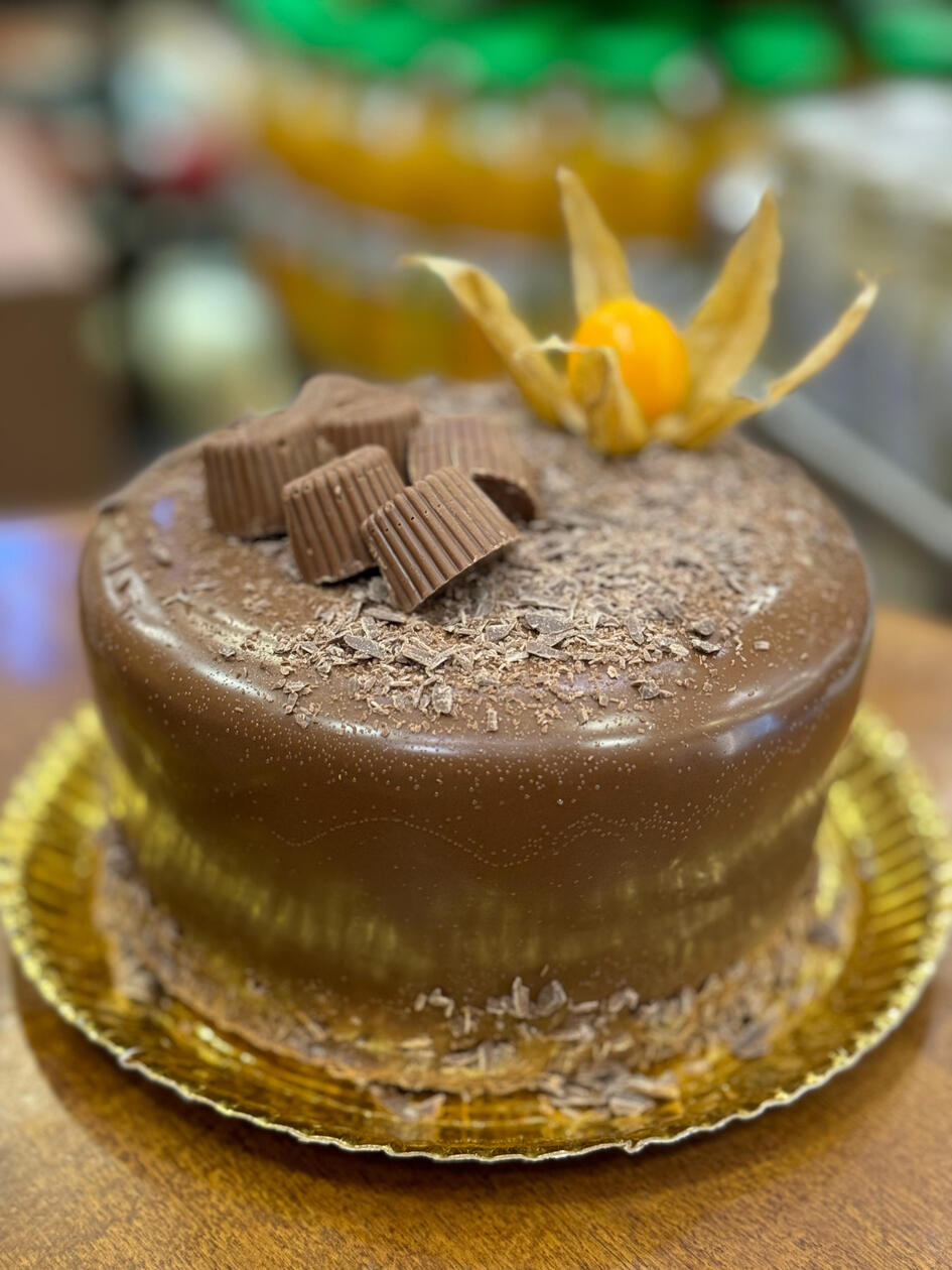 3294 - Alpino: Pão de ló de chocolate recheio mousse de chocolate com pedaços de chocolate ao leite e cobertura de ganache